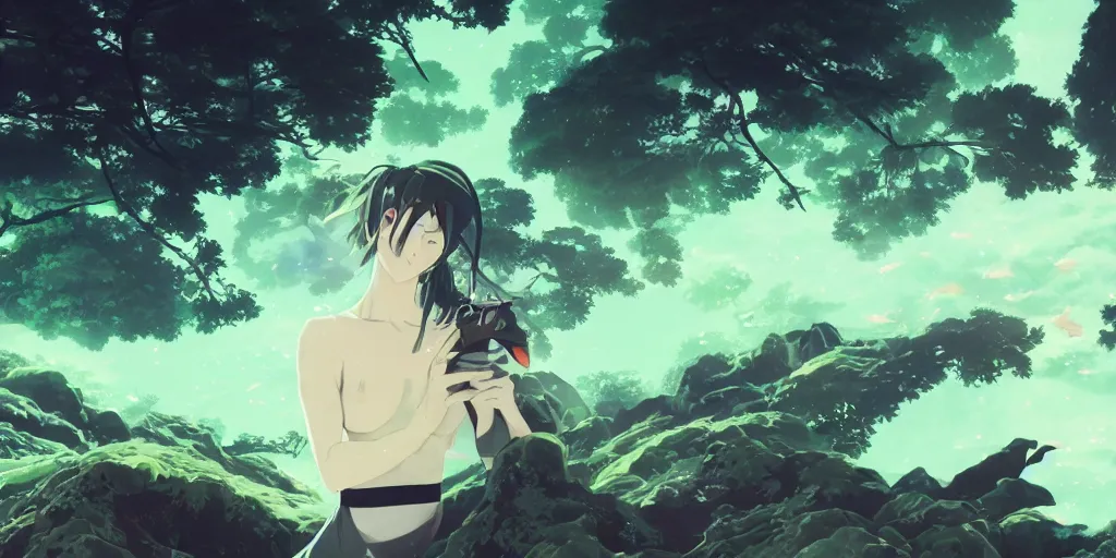 Image similar to deep green anime eyes, prism highlights, depth of field, cinematic, concept art, art station, digital painting, elegant, epic, focus, octane render, v - ray, 8 k, c 4 d, art by katsushika hokusai