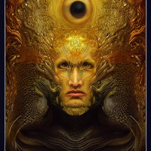 Image similar to Visions of Hell by Karol Bak, Jean Deville, Gustav Klimt, and Vincent Van Gogh, nightmare portrait, infernal, visionary, otherworldly, fractal structures, ornate gilded medieval icon, third eye, hellfire, stygian, spirals, cosmic horror