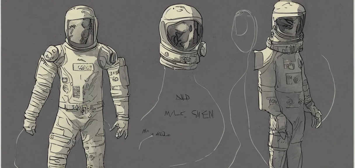 Image similar to male, full body, space suit with a modern helmet, character sheet, science fiction, very stylized character design, pen and ink, digital painting, watercolor wash, by mike mignola, by alex maleev, jean giraud