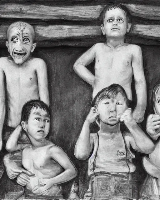 Image similar to group of creep children staring out, black and white character portrait, ultra realistic, concept art, intricate details, war, cinematic, highly detailed by grant wood