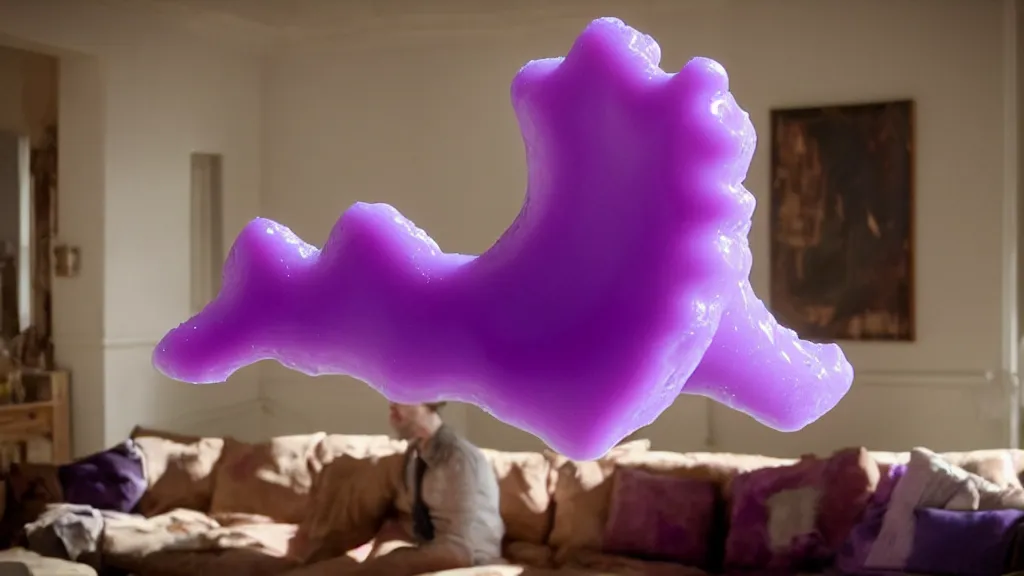 Image similar to a giant hand made of purple wax float through the living room film still from the movie directed by denis villeneuve with art direction