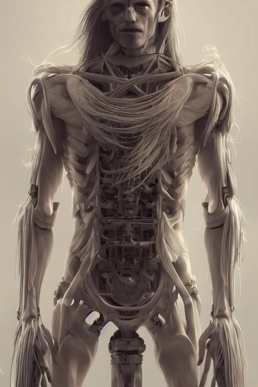 Image similar to a portrait of a toned male half human half mechanical with long white hair and with joints with visible joints by greg rutkowski, sung choi, mitchell mohrhauser, maciej kuciara, johnson ting, maxim verehin, peter konig, bloodborne, 8 k photorealistic, cinematic lighting, hd, high details, dramatic, dark atmosphere, trending on artstation