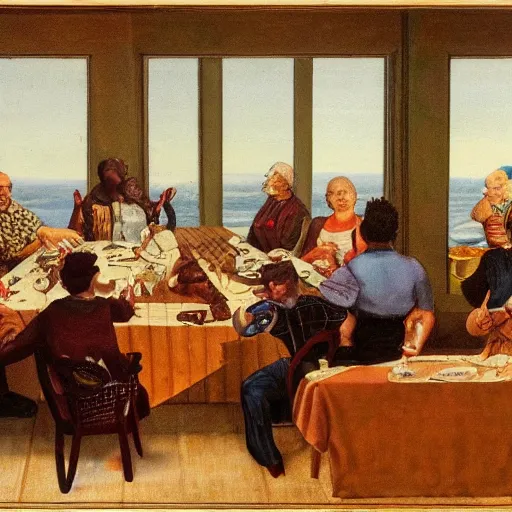 Prompt: a person sits in a high chair at a table staring delectably, the provenators feast, a human moderator chewing on the arbitrary egregore of their community group, art depicting control freak, trending, artstation