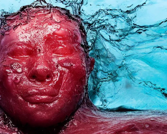 Prompt: a massive sculpture of a squashed human face made out of dripping jelly, on the ocean water, worms instead of eyes, cinematic, hyper - realistic, very detailed, realistic water splashes, ray tracing, 8 k resolution, long - shot, sharp focus, low angle, 8 5 mm photograph, wide lens