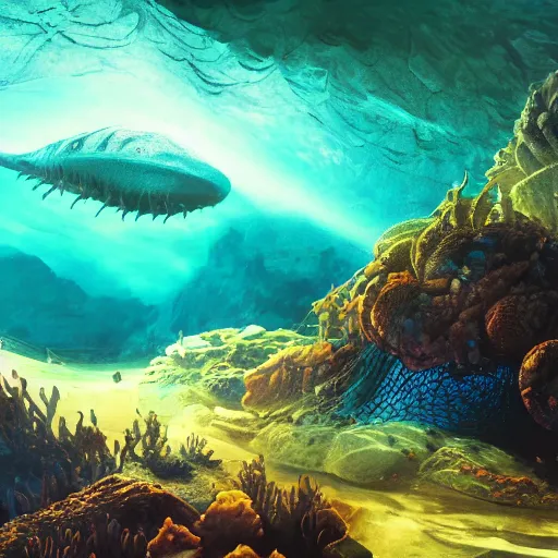 Image similar to vanishing perspective underwater view of the alien landscape underwater on the ocean bed, deep blue ocean color, some plant life, alien fish swimming on the background, cinematic perspective, cinematic lighting, matte painting, detailed, sci - fi, hdr, 4 k, artstation