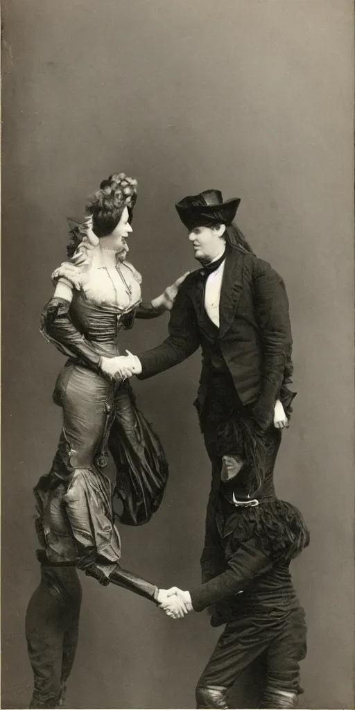 Prompt: t rex and a horse wearing high heels shaking hands. Business men, anamorphic, strange, black and white, photograph, 1850s