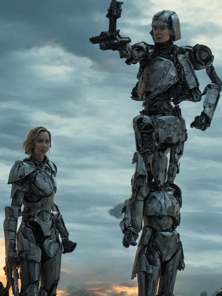 Image similar to emily blunt in futuristic power armor, alone, standing atop a hill, raising her sword, edge of tomorrow movie, angel of verdun, sunset