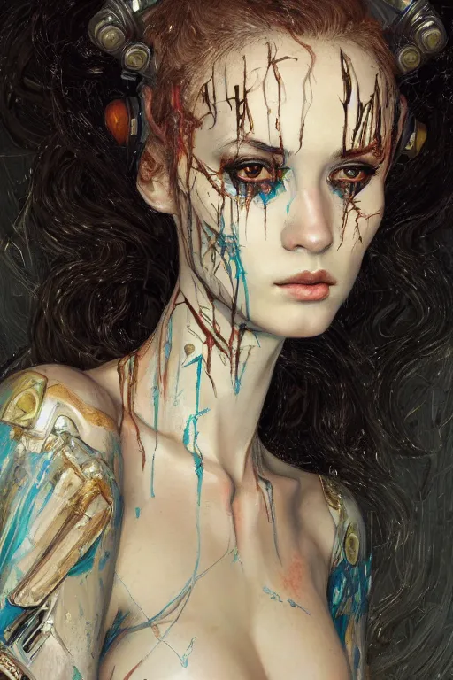 Image similar to portrait of beautiful young maiden, warhammer, cyberpunk, a lot of scars, readhead, the future ages, highly detailed, artstation, illustration, art by gustav klimt, 8 k quality