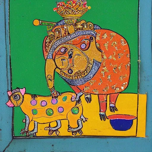 Image similar to boy with gold crown riding pig in style of Gond Paintings