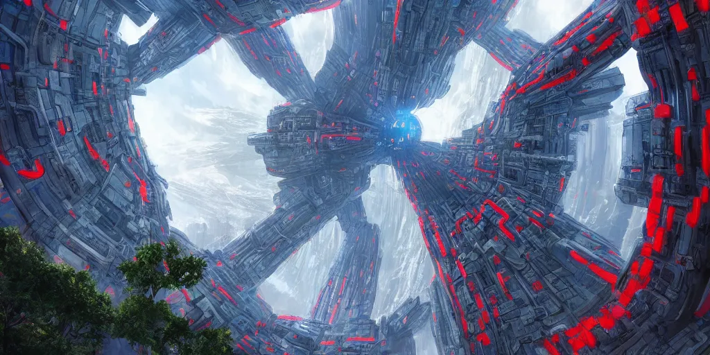 Prompt: Holy ancient tree, scifi, futuristic city, utopia, massive scale, red and blue ribbons, Earth in 2040, interconnected buildings, hexagonal wall, cloudy, high quality, highly detailed, Mirror's Edge artstyle