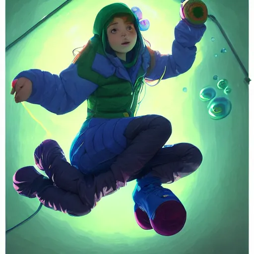 Image similar to madeline from celeste jumping into a green jelly bubble wearing a blue bubble jacket has a red long hair, highly detailed, digital painting, artstation, concept art, sharp focus, illustration, art by greg rutkowski and alphonse mucha