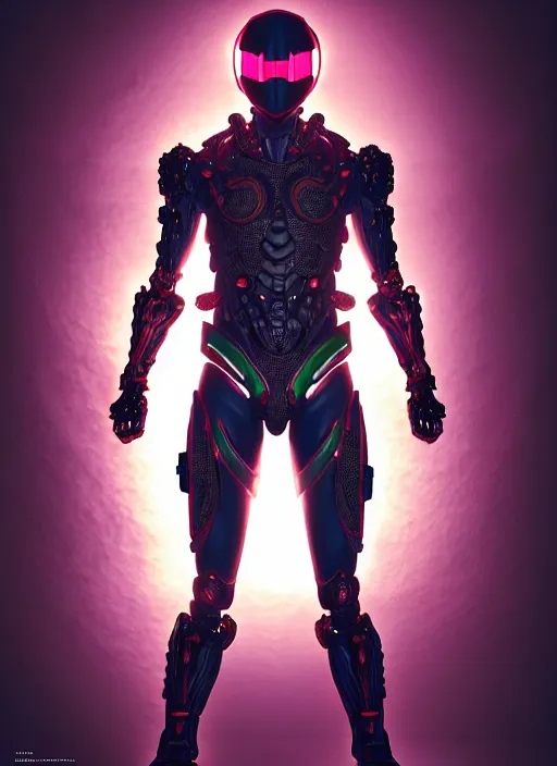 Image similar to kamen rider action pose, human structure concept art, human anatomy, full body hero, intricate detail, art and illustration by irakli nadar and alexandre ferra, global illumination, on tokyo cyberpunk night rooftop, frostbite engine