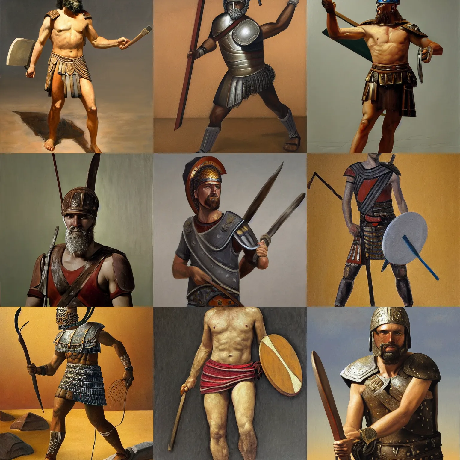 Prompt: the painting modern hoplite is a hyperrealistic portrayal of a ancient greek warrior, set against a precise and clinical background. the figure is realistically rendered, down to the smallest details, while the background is clean and sharp. this juxtaposition creates a jarring and disorienting effect, as the figure appears to be out of place in the modern setting