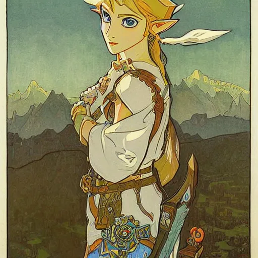 Image similar to a painting of the legend of zelda : breath of the wild by mucha