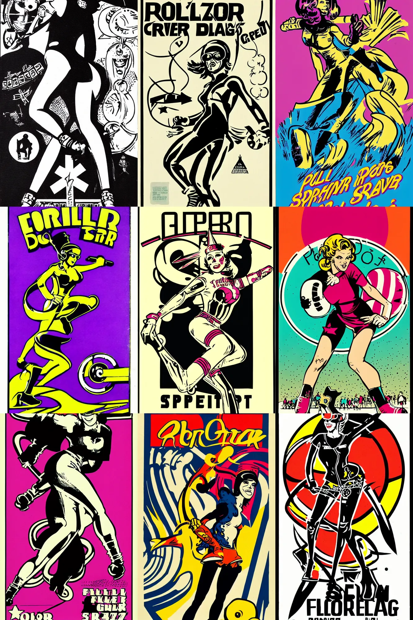 Prompt: roller derby girl sprinting Cross-Over, full length portait, logo design by Philippe Caza, 1960s