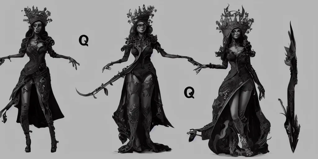 Image similar to queen of spades, character sheet, fine details, concept design, contrast, brigitte bardot, kim jung gi, greg rutkowski, trending on artstation, 8 k, full body, turnaround, front view, back view, ultra wide angle