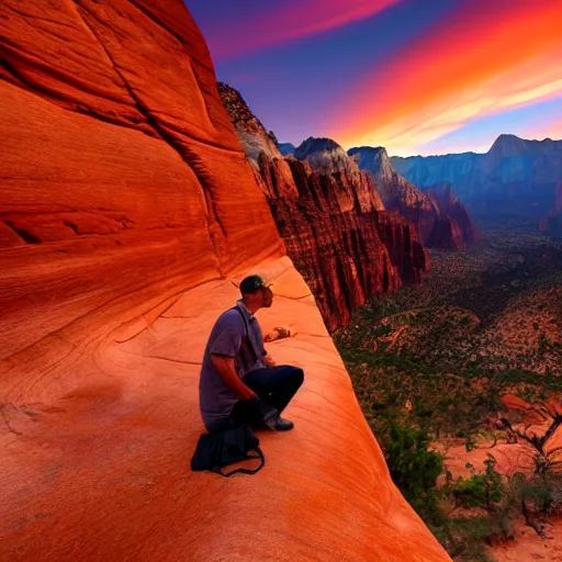 Image similar to award winning cinematic still of man studying the bible in zion national park, rock formations, colorful sunset, epic, cinematic lighting, dramatic angle, heartwarming drama directed by Steven Spielberg, wallpaper