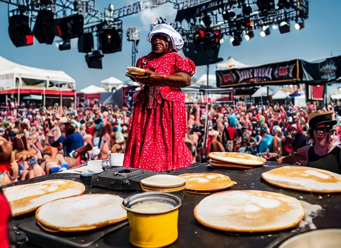 Image similar to photo still of aunt jemima in period attire at vans warped tour!!!!!!!! at age 4 0 years old 4 0 years of age!!!!!!! on stage throwing pancakes to the crowd, 8 k, 8 5 mm f 1. 8, studio lighting, rim light, right side key light