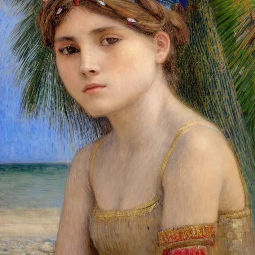 Image similar to a ultradetailed beautiful painting of a girl in the amazonas palace balustrade designed by jules bastien - lepage, tarsila do amaral, frank weston and gustave baumann, beach, trending on artstation, mediterranean, palm trees, hyper detailed face, sharp focus, soft light, 8 k 4 k