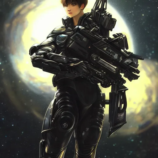 Image similar to award winning, extremely photorealistic, bokeh, beautiful detail, stars in the sky, cybernetic, sci-fi space game art, jeon Jungkook holding a gun. alien planet art by Akihito Yoshitomi AND Yoji Shinkawa AND Greg Rutkowski, Mark Arian trending on artstation