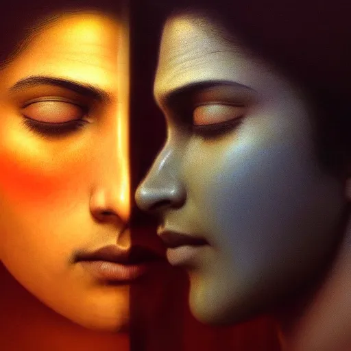 Image similar to perfectly - centered movie promotional poster portrait - photograph of a young indian guy and a beautiful girl side profile faces symmetrical ; real life portrait by beksinski and jean delville, romantic theme of two lovers sharing one heart, unreal engine 5, photorealism, hd quality, 8 k resolution, cinema 4 d, hdr dramatic cinematic lighting