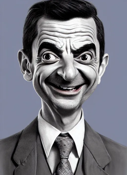 Image similar to highly detailed pencil sketch caricature portrait of smiling mr bean waiter by ross tran, by greg rutkowski, brush strokes, 4 k resolution, light blue pastel background