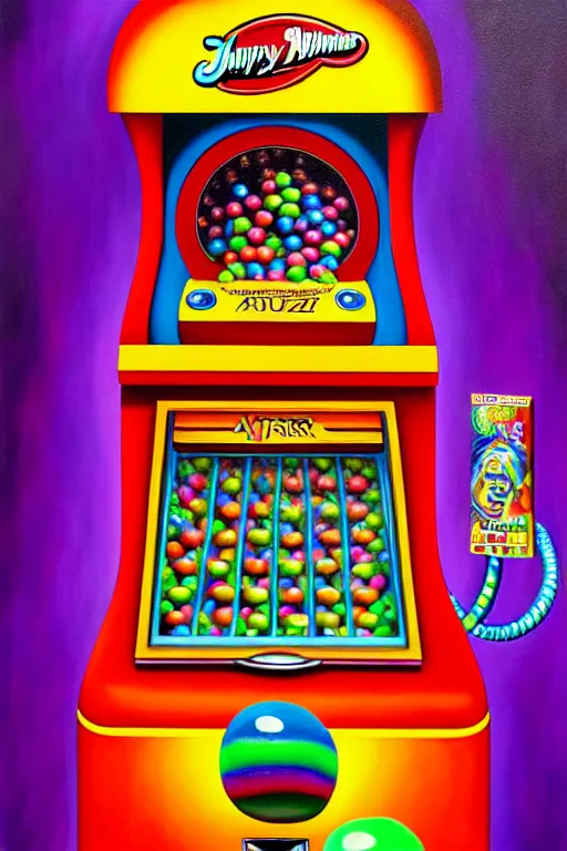 Image similar to a hyperrealistic painting of a gross gum ball machine with ugly prizes, cinematic horror by jimmy alonzo, the art of skinner, chris cunningham, lisa frank, richard corben, highly detailed, vivid color,