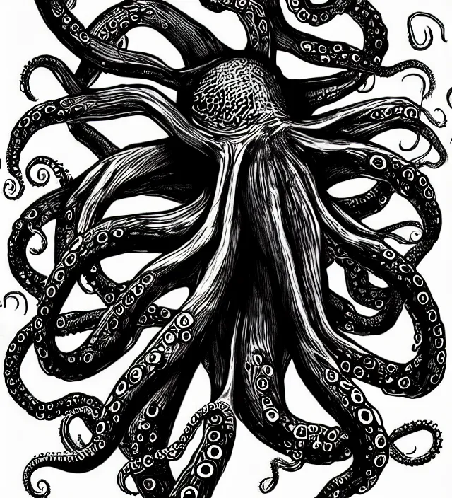 Prompt: an unique mad octopus, concept art, digital art, deviantart artstation, tattoo, black and white,