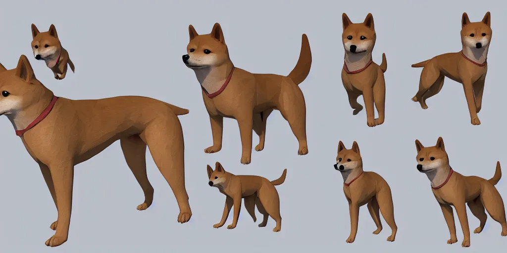 Image similar to concept art of low polygon 3 d render of shiba inu, doge meme, multiple variations, dynamic gestures