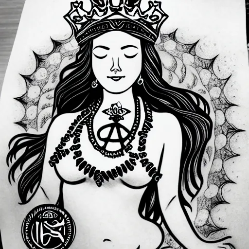 Image similar to a peaceful meditative mermaid with a banner across her chest wearing a crown, full body, symmetrical, highly detailed black and white new school pinup tattoo design