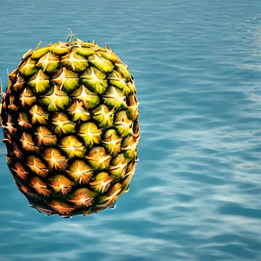 Image similar to a pineapple floating in the middle of the ocean, realistic, beautiful lighting