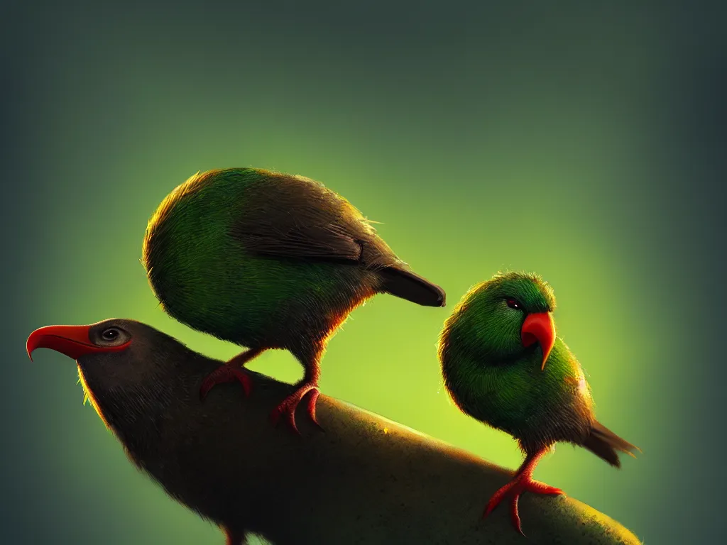 Image similar to Kiwi bird with a kiwi face, bokeh, dramatic lighting, cinematic, establishing shot, high detail, cinematic lighting, post processed, 8k, concept art, artstation, matte painting, in the style of eddie mendoza, raphael lacoste, alex ross