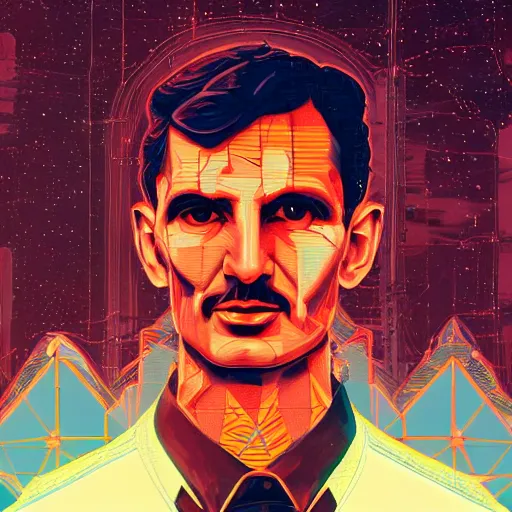 Image similar to glorious futuristic visionary inventor nikola tesla profile picture by sachin teng, c 2 1 5 and artgerm, masterpiece, organic painting, matte painting, technical geometrical drawing shapes, lightning electricity coil, hard edges, graffiti, street art by sachin teng and c 2 1 5