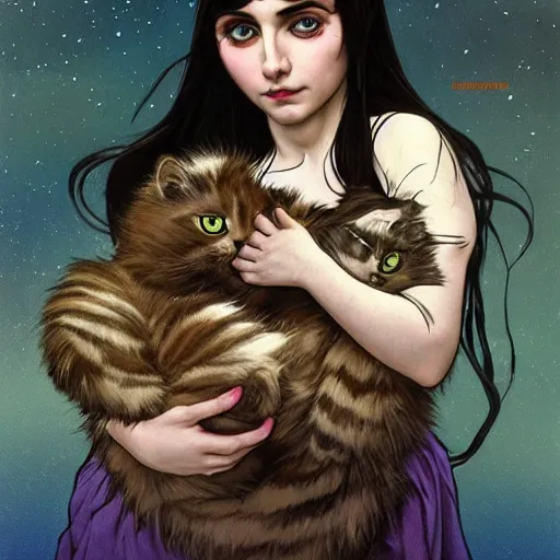 Prompt: cute emo martian woman, with long dark hair, thick eyebrows!!! dark eyes and dark circles!, wide nose!!!, big eyes, oval face shape, big cheeks!, she is holding a cat in her arms, by juan villafuerte, greg rutkowski and alphonse mucha, pexels contest winner, high quality photo, hd rtx