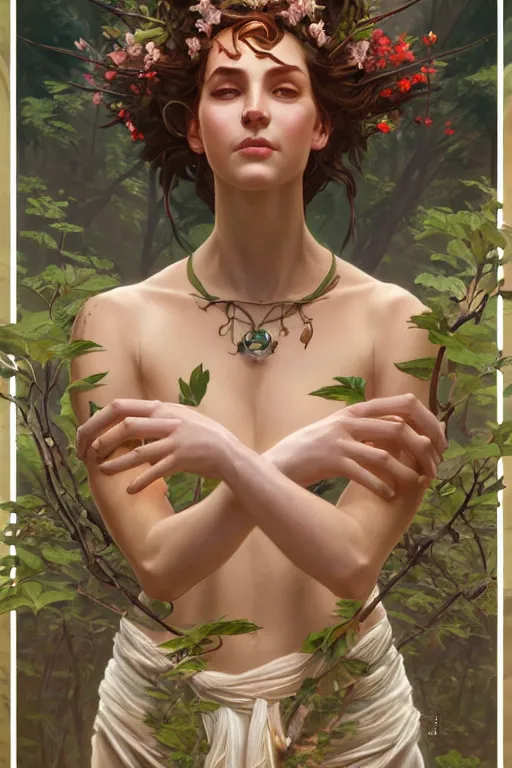 Image similar to goddess of nature, accurate anatomy, only two hands, highly detailed, digital painting, artstation, concept art, smooth, sharp focus, illustration, Unreal Engine 5, 8K, art by Ross Tran and greg rutkowski and alphonse Mucha