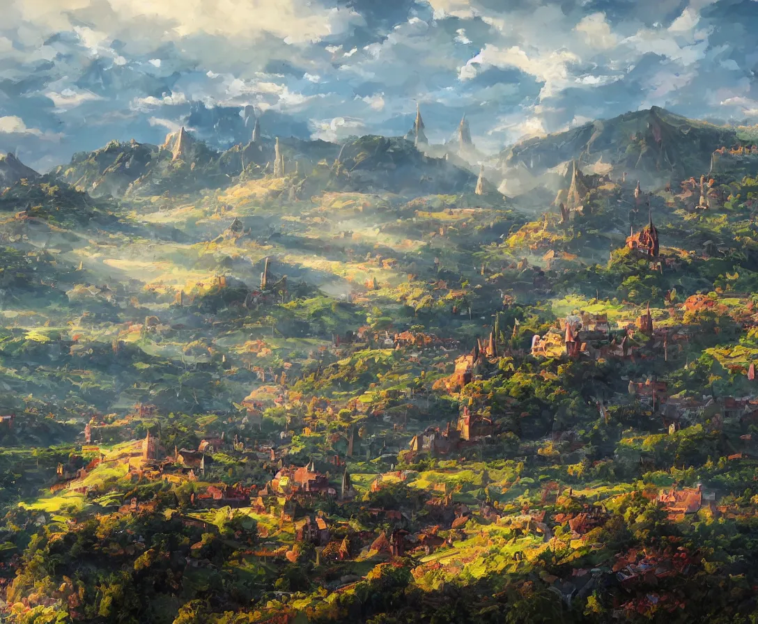 Image similar to Vast verdant empty flat valley surrounded by Transylvanian mountains. A huge zeppelin in the sky among colorful clouds. A ruined medieval castle on the hillside in the background. No villages or buildings. Late warm evening light in the summer, gloomy weather. High quality, fantasy art by Rhads.