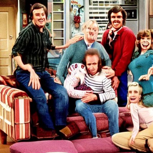 Prompt: vintage 1 9 8 0's sitcom, a happy photogenic family and a large giant evil wet slimy detailed monstrous creature inside a 1 9 8 0's sitcom living room