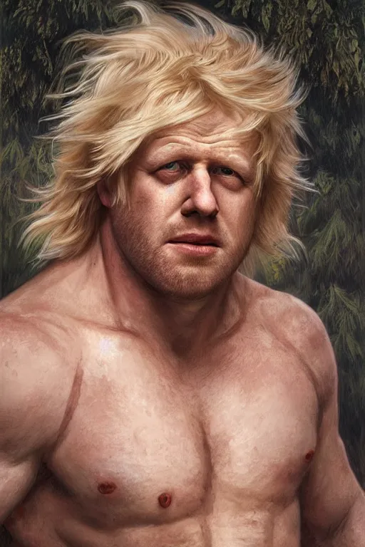 Image similar to portrait of boris johnson as a hairy blond hulking herculean demon, very pale skin, forest, godlike, full body, fantasy, intricate, elegant, highly detailed, digital painting, artstation, concept art, sharp focus, illustration, art by artgerm and greg rutkowski and alphonse mucha