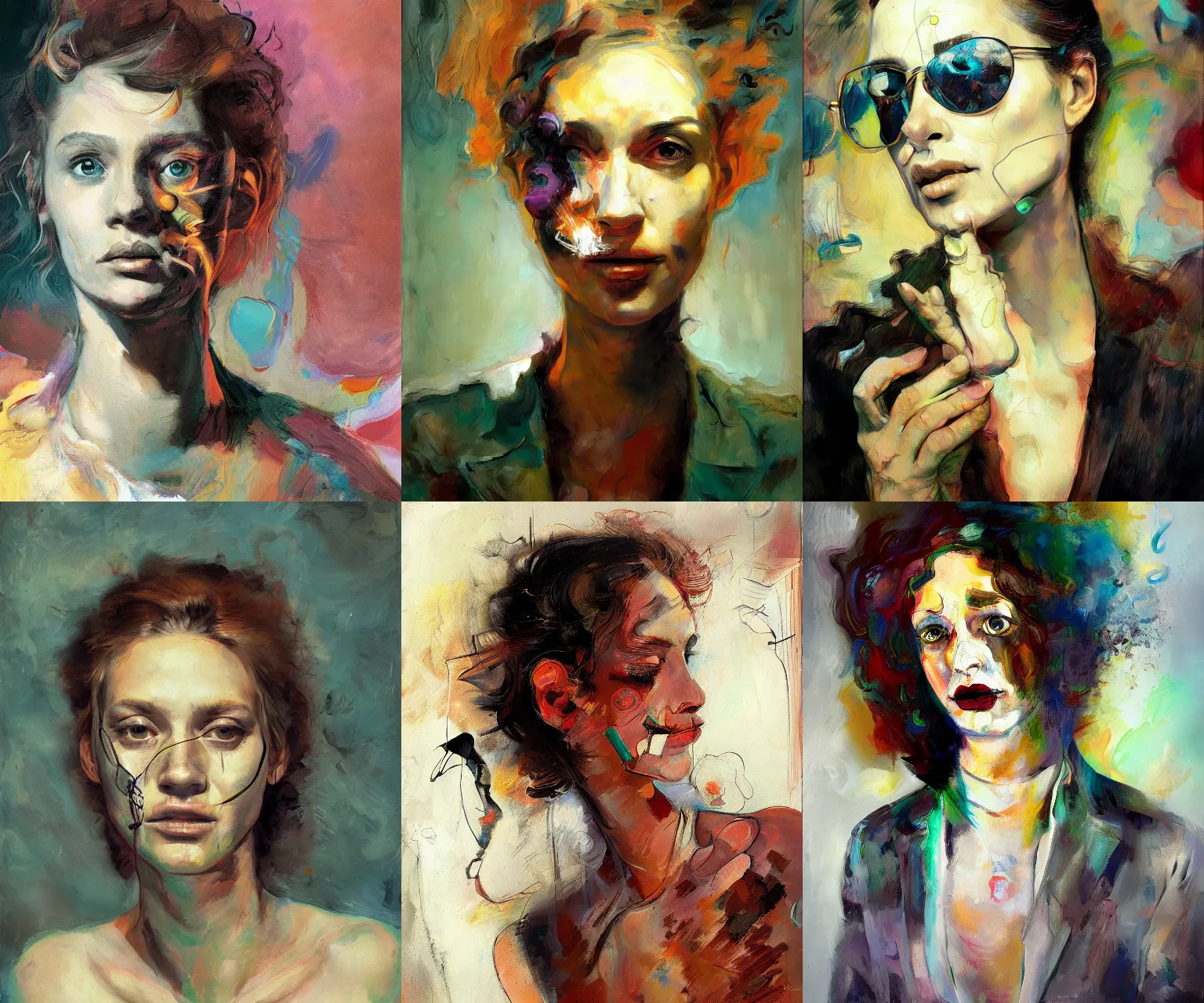 Prompt: portrait of a smoking woman, in the style of disco elysium, expressionism, artstation, trending, by aleksander rostov, jenny saville, rembrandt, alex kanevsky, wassily kandinsky, dave mckean, yoshitaka amano