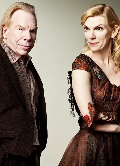 Image similar to portrait of michael mckean and rhea seehorn, baroque portrait, realistic, serious, dark backround