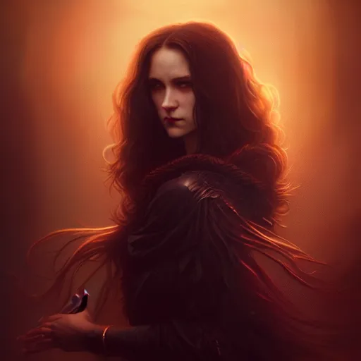 Image similar to majestic gracious regal aristocratic brunette female vampire portrait, atmospheric lighting, painted, menacing, intricate, volumetric lighting, beautiful, rich deep colours masterpiece, golden hour, sharp focus, ultra detailed, by leesha hannigan, ross tran, thierry doizon, kai carpenter, ignacio fernandez rios