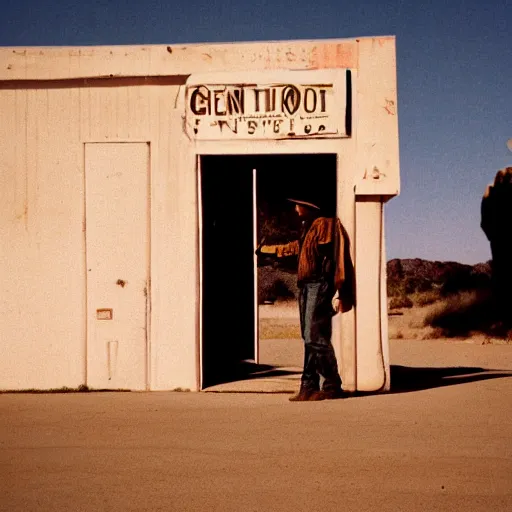 Image similar to a cowboy going through the door of an old gas station, Joshua Tree Park, dust flying, cinematography by Roger Deakins in cinemascope