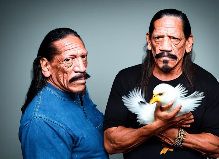 Image similar to photo still of danny trejo at the county fair!!!!!!!! at age 5 6 years old 5 6 years of age!!!!!!!! holding a baby duck he won, 8 k, 8 5 mm f 1. 8, studio lighting, rim light, right side key light