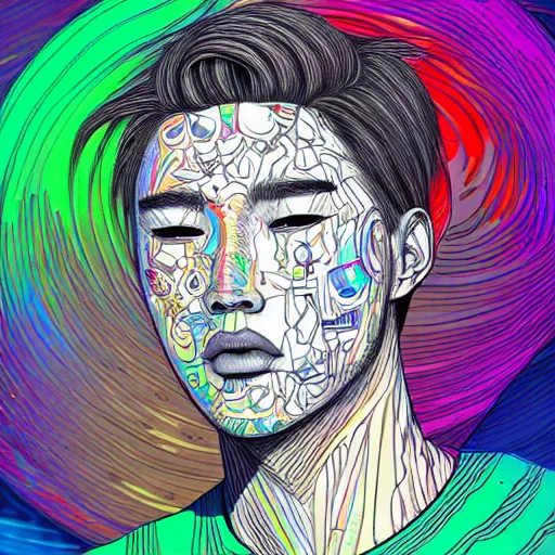 Image similar to the head of a beautiful kpop man partially made of rainbows, an ultrafine detailed illustration by james jean, final fantasy, intricate linework, bright colors, behance contest winner, vanitas, angular, altermodern, unreal engine 5 highly rendered, global illumination, radiant light, detailed and intricate environment