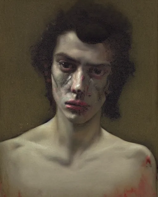 Image similar to a beautiful and eerie baroque painting of a beautiful but creepy young man in layers of fear, with haunted eyes and dark hair, 1 9 7 0 s, seventies, wallpaper, a little blood, morning light showing injuries, delicate embellishments, painterly, offset printing technique, by brom, robert henri, walter popp