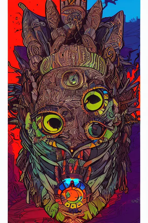 Image similar to totem animal tribal chaman vodoo mask feather gemstone plant wood rock video game illustration vivid color borderlands by josan gonzales and dan mumford radiating a glowing aura