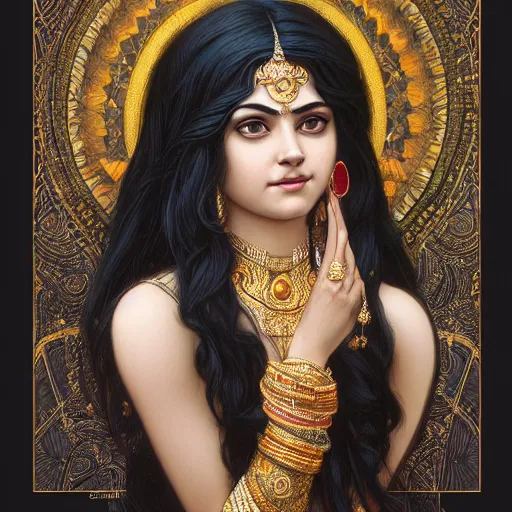 Image similar to Portrait of an hindu goddess with platinum black hair, western, D&D, fantasy, intricate, elegant, highly detailed, digital painting, artstation, concept art, matte, sharp focus, illustration, art by Artgerm and Greg Rutkowski and Alphonse Mucha