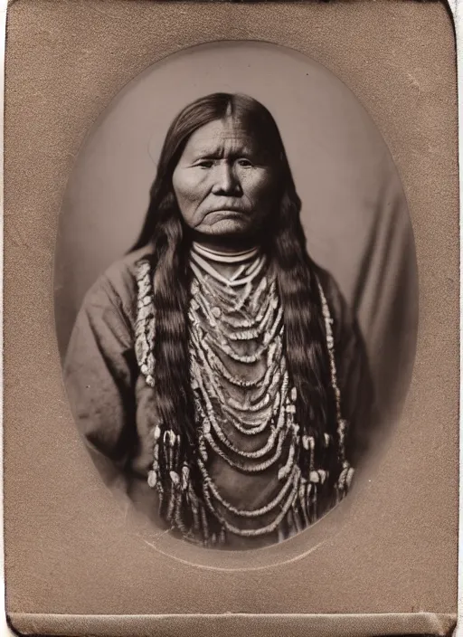 Image similar to Antique portrait of a Navajo woman in traditional clothes, sharp focus, albumen silver print by Timothy H. O'Sullivan.