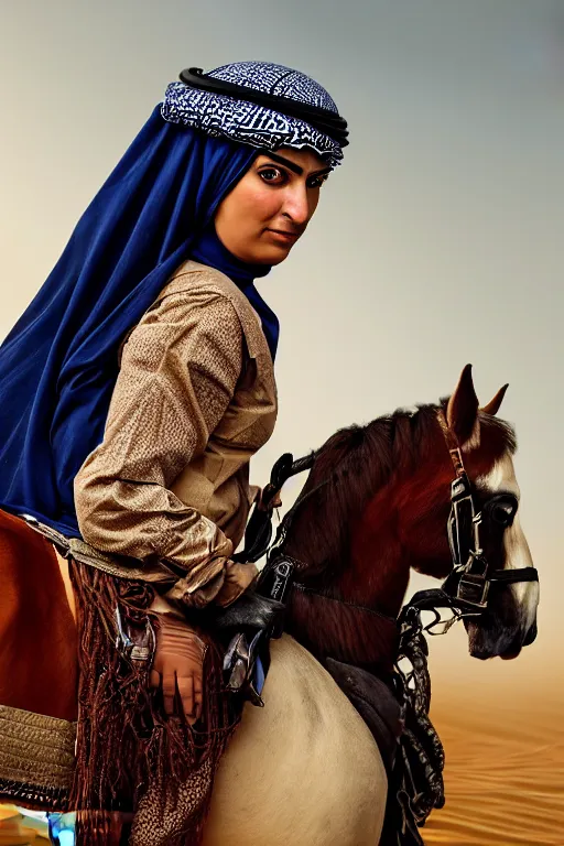 Image similar to hyperrealistic portrait from middle eastern burqa woman riding horse, with riffle in her chest, super highly detail, accurate boroque, without duplication content, white border frame, medium close up shot, justify content center, symmetrical, incrinate, cinematic, dust, award winning photos, vogue, shadow effect, luminate, sharp focus,