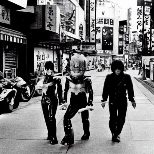 Image similar to 1 9 7 0 s japanese tv show, bw, cyborg monsters walking the streets of shinjuku,